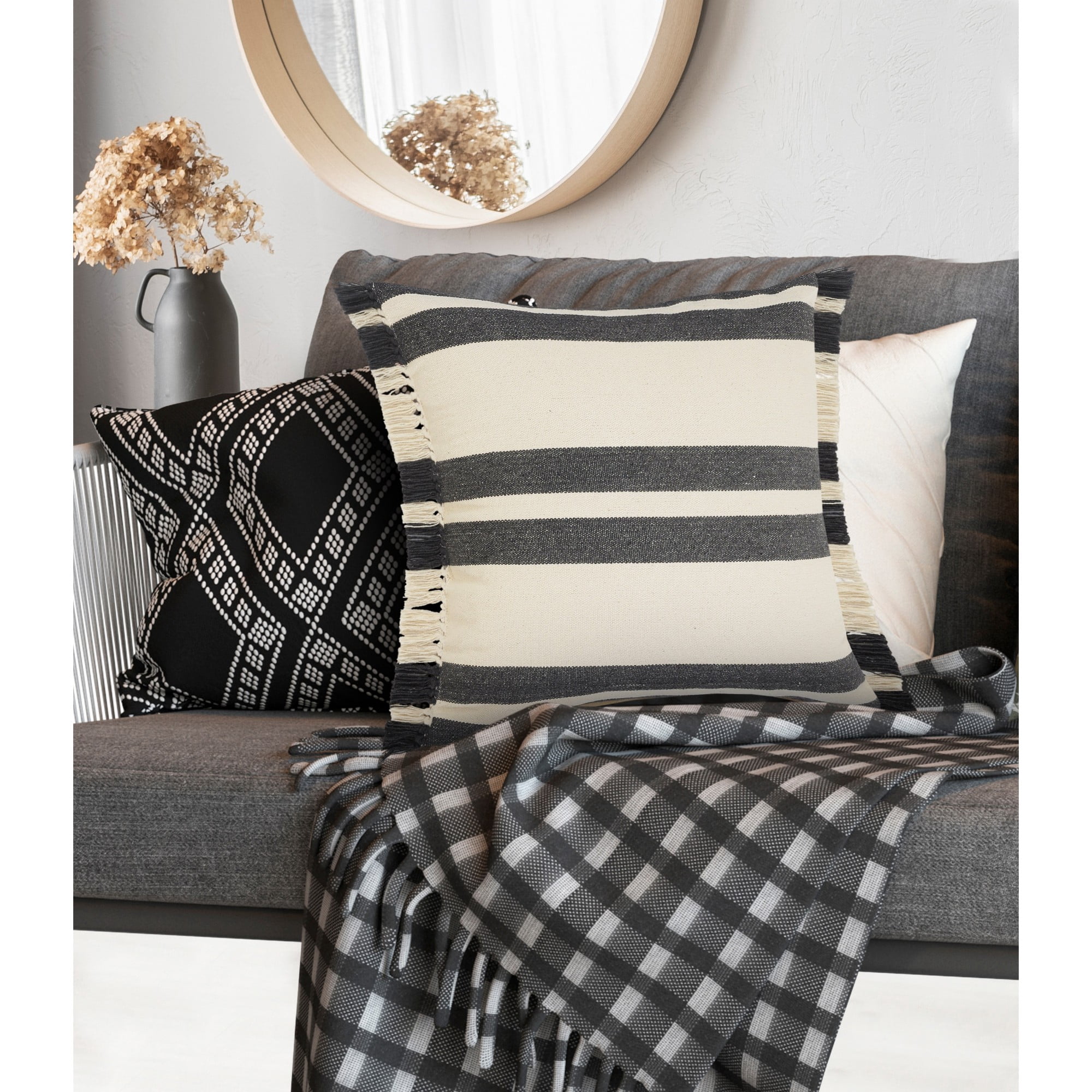 Laddha Home Designs Striped Loomed Square Cotton Throw Pillow Cover - 20" - Gray and White