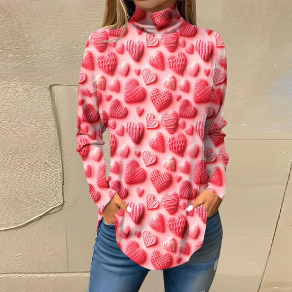 Pimelu Valentines Day Sweater Women Womens Valentines Shirts Fashion Pink Heart Graphics Print Turtleneck Sweatshirts Spring Ladies Long Sleeve Pullover Tunic Tops
