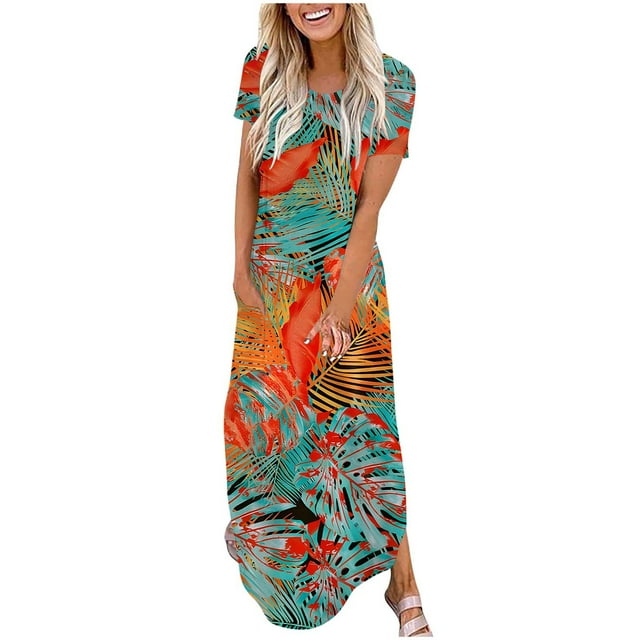 Offre à Durée Limitée Iumwxz Robes à Manches Courtes et Col Rond pour Femme Tunique Décontractée Robe Maxi Ample Robe à Imprimé Feuilles Robe de Plage pour Femmes Coupe Ample pour Soirée