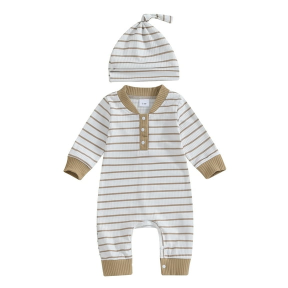 Bagilaanoe Newborn Baby Girl Boys Fall Jumpsuit Stripe Print Long Sleeve Bodysuit   Hat 3M 6M 12M 18M Infant Casual One Piece Romper