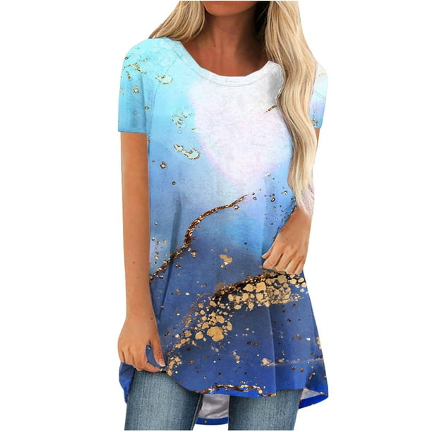 Blusa informal de manga corta con cuello redondo y estampado suelto de verano para mujer con estilo OAVQHLG3B Store lin121212