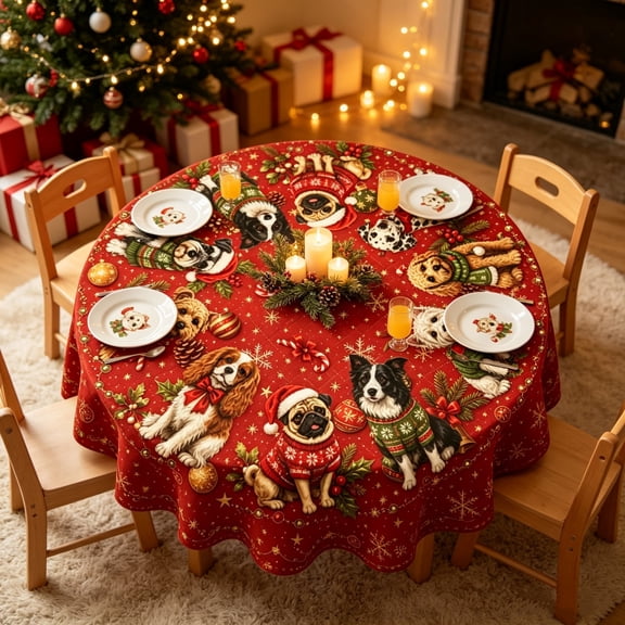 CHJK Christmas Round Tablecloth, 60 Inch Festive Xmas Dog Table Cover, Decorative Round Table Cloth for Holiday Dining Party Home Decoration