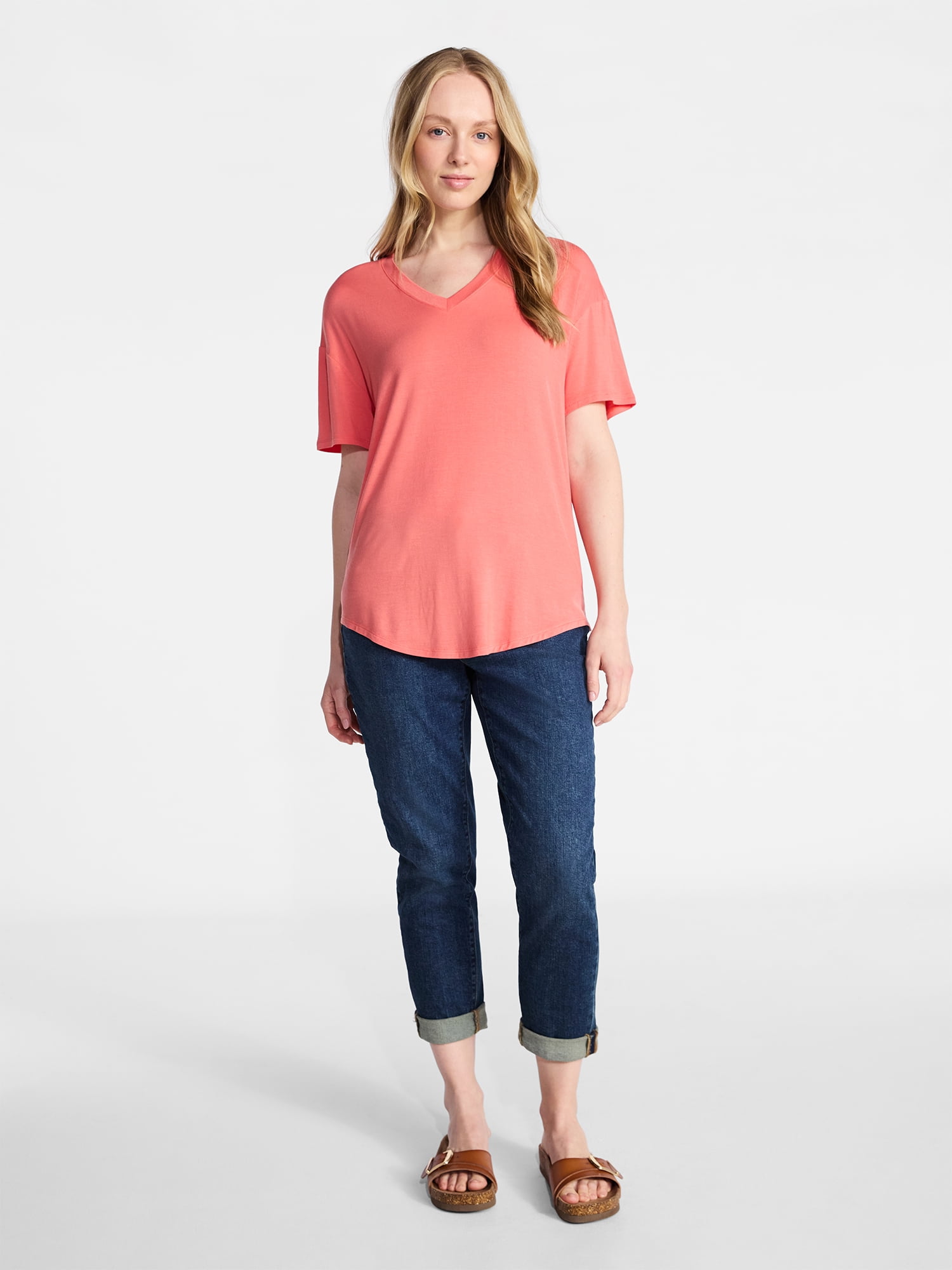Time and Tru Women's V-Neck Tunic Tee with Short Sleeves, Sizes XS-XXXL