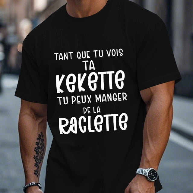 T-Shirt Humoristique pour Homme avec Citation Française - Polyester Noir, Manches Courtes, Col Ras du Cou, Tissu Polyester Décontracté Mode Urbaine,