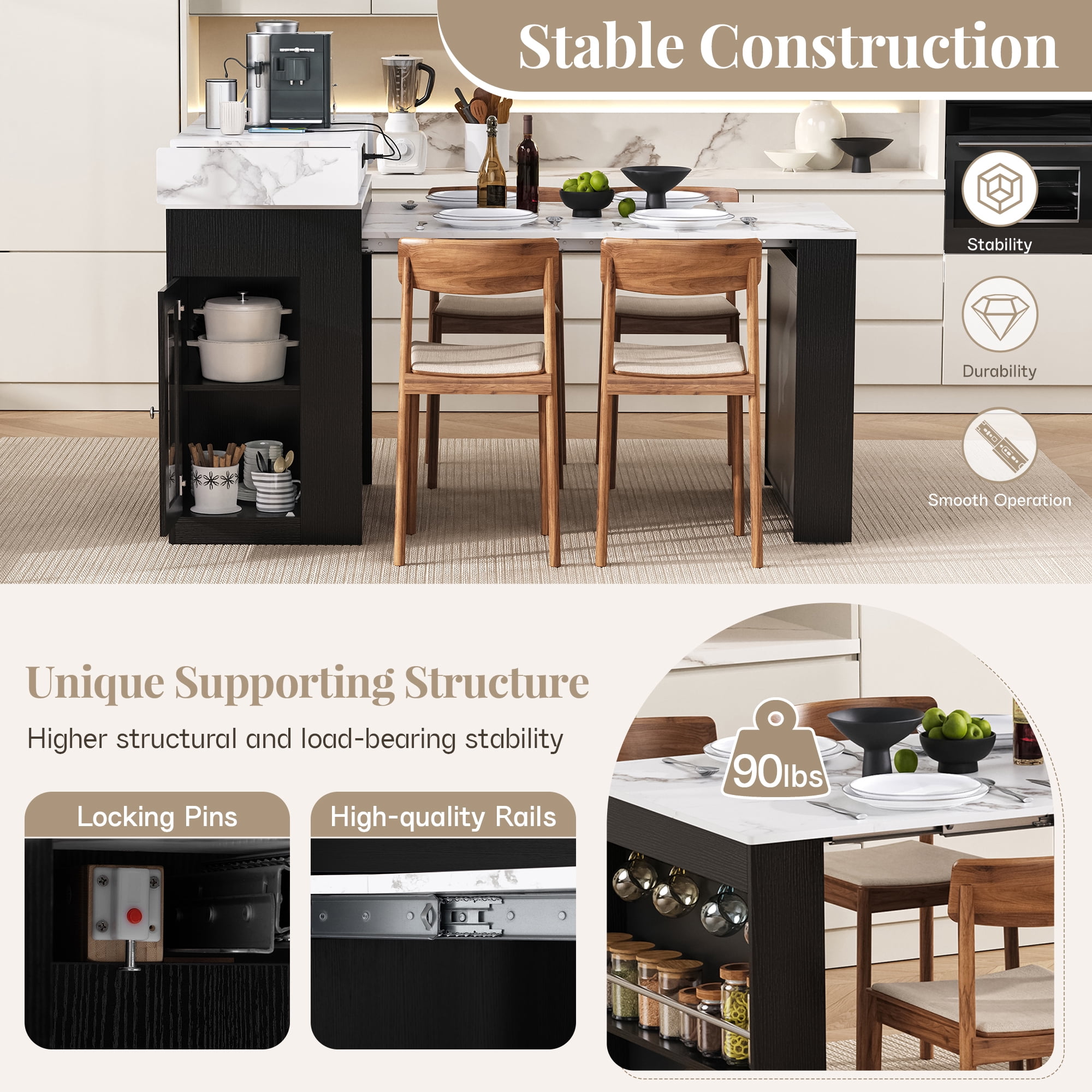 MODERNLUXE Extendable Dining Table with Folding Tabletop, Kitchen Island with Wheels,Hooks,Drawers and Power Outlet, Bar Table with Storage for Kitchen, Dining Room,Black