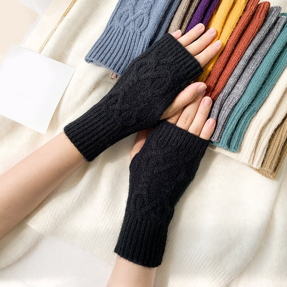 Sales Today Women's Winter Fingerless Gloves GIJNRIUIUA Under $4 Women Cute Autumn and Winter Solid Color Knitted Half Knitted Gloves Black Gloves & Mittens