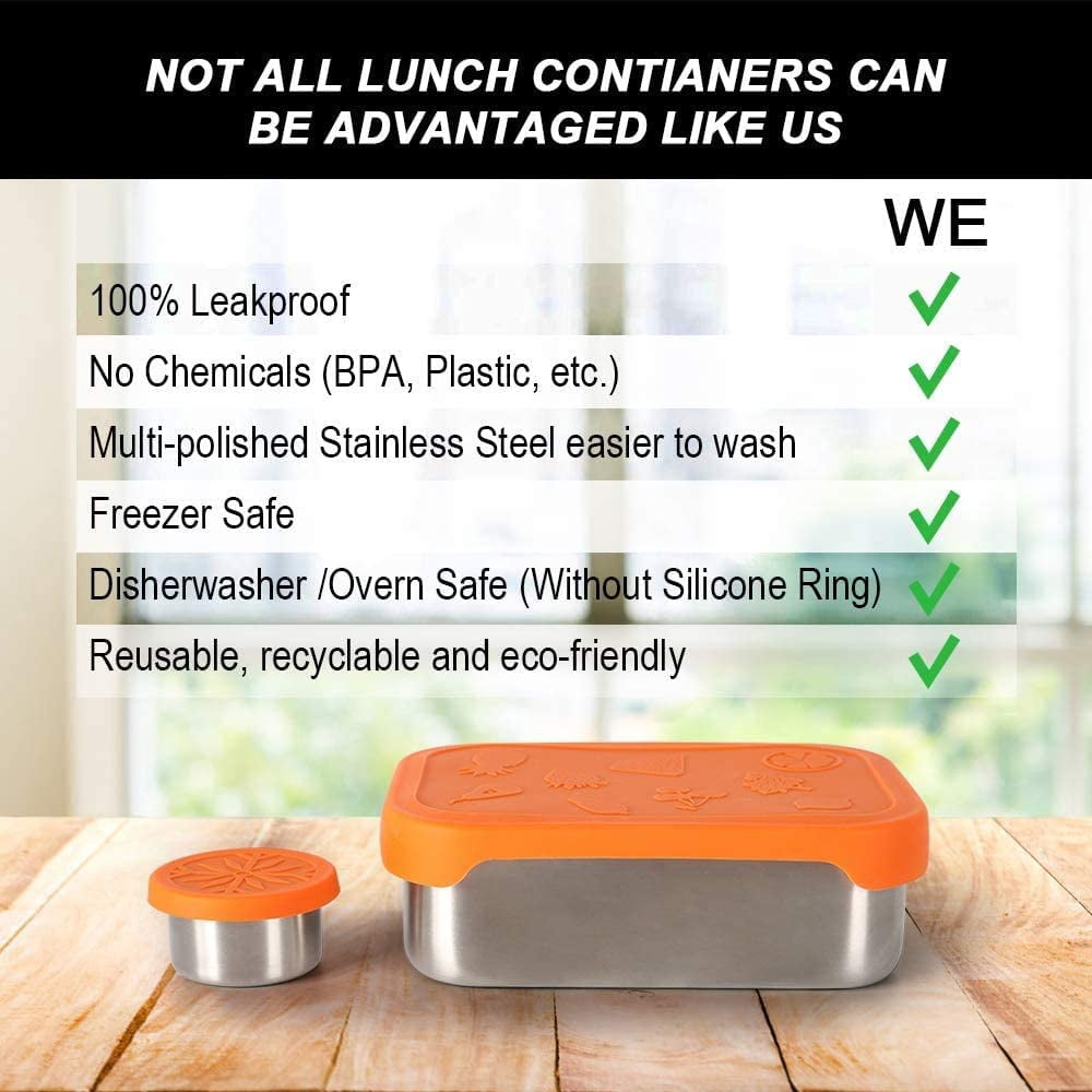 Stainless Steel Lunch Container, 28 oz Leak Proof Lunch Box Set with Orange Food Grade Silicone Lid and Sauce Cup