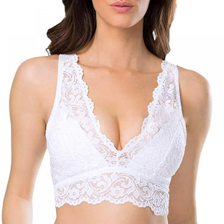 LEEYNEER Lace Bralette for Women Deep V Neck Lace Floral Bra Padded Breathable Sexy Plunge Longline Bra Wire Free Racerback Top