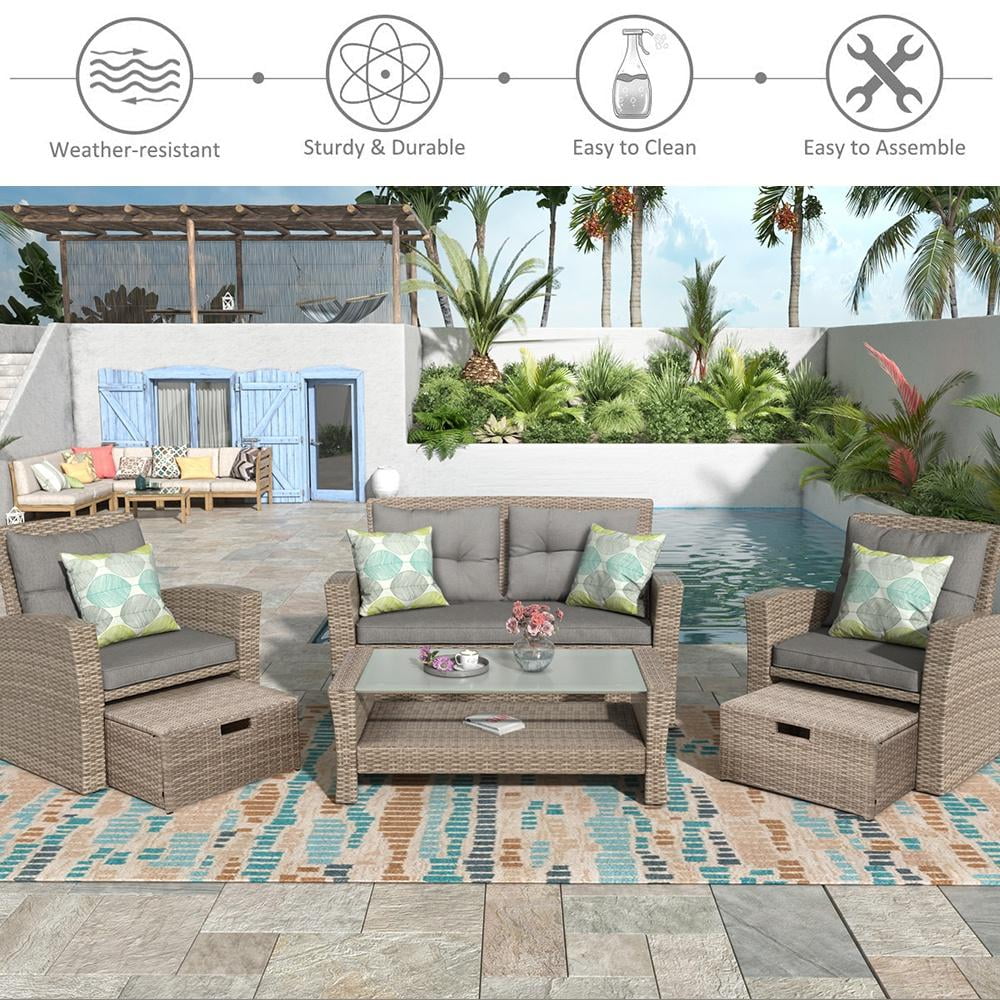 SEGMART 6 Piece Outdoor Patio Furniture Sets, All-Weather Rattan Conversation Set with Ottoman & Cushions, Outdoor Sectional Wicker Set for Backyard, Deck, Poolside, Gray