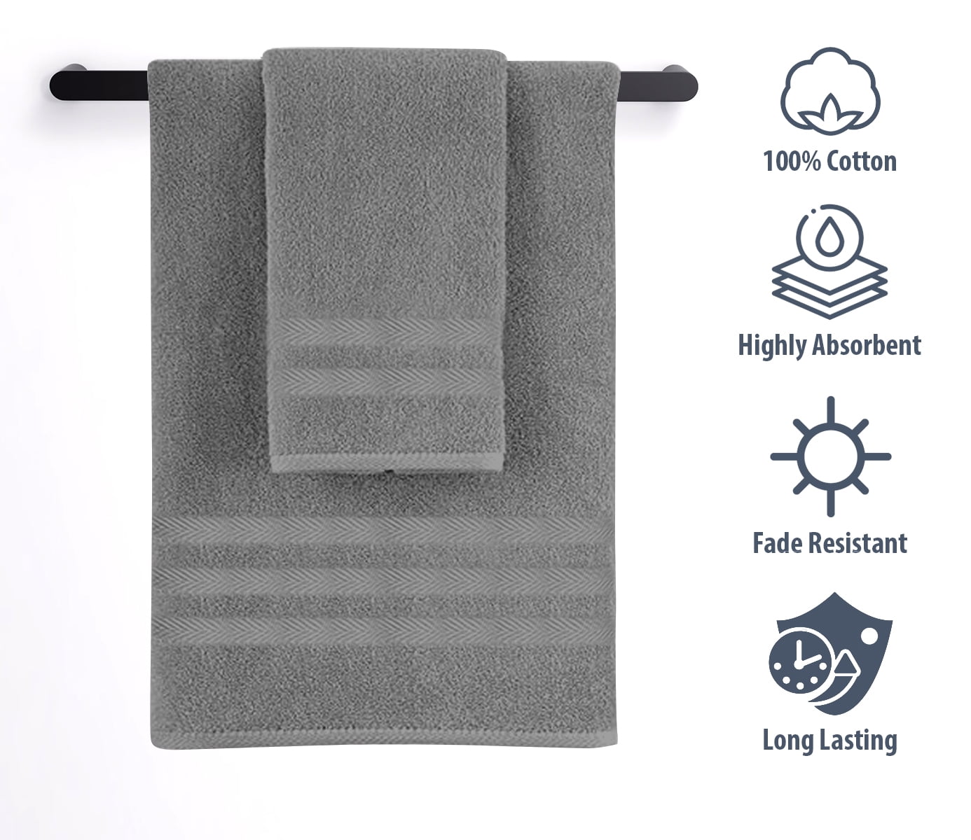 Basics 6-Piece Fade Resistant Bath towel, Hand and Washcloth Set -  Cotton, Gray, 14.25 L x 10.85 W