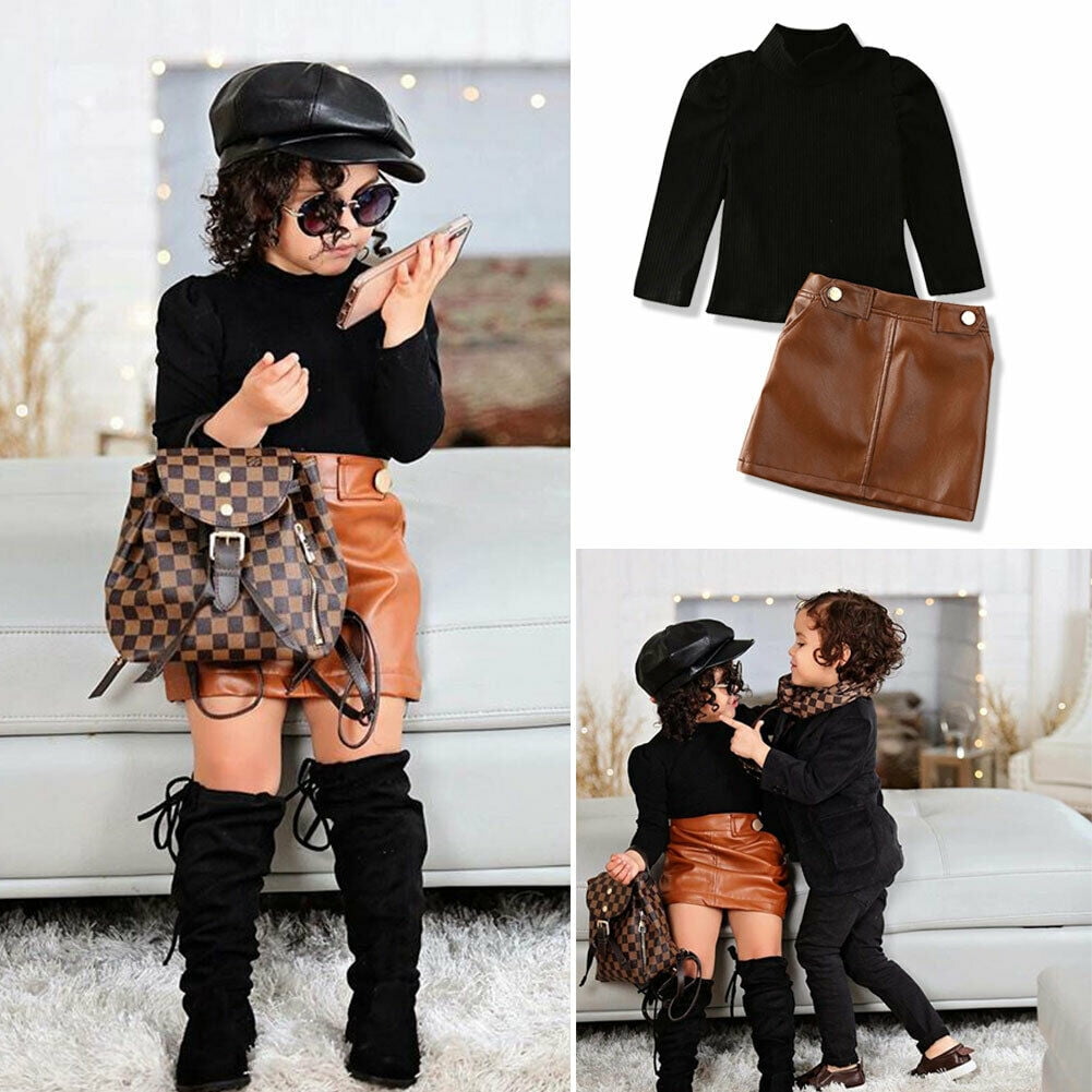 Mialoley Baby Girls Clothes Set High Neck Bubble Long Sleeve Top + Leather  Skirt 