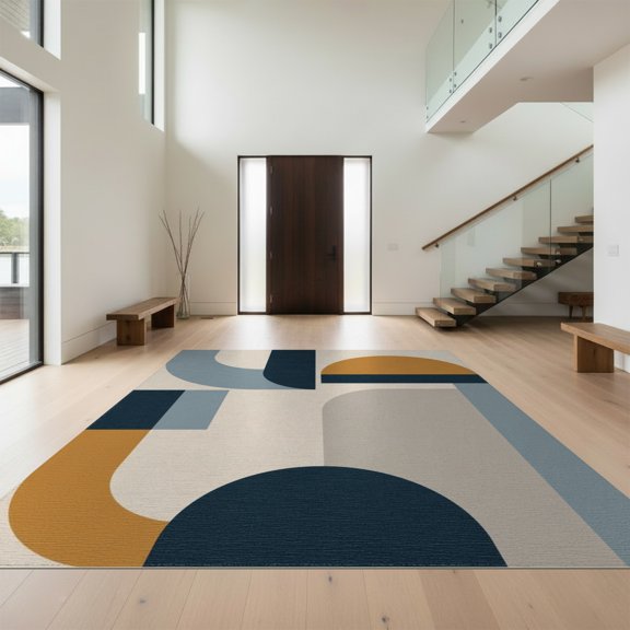 Design&I 8'x10' Washable Area Rug Beige Blue Geometric Balance and Design Elegant Interplay of Abstract Shapes Lines for Dining Room, Large Office, Lounge, Snag-Free
