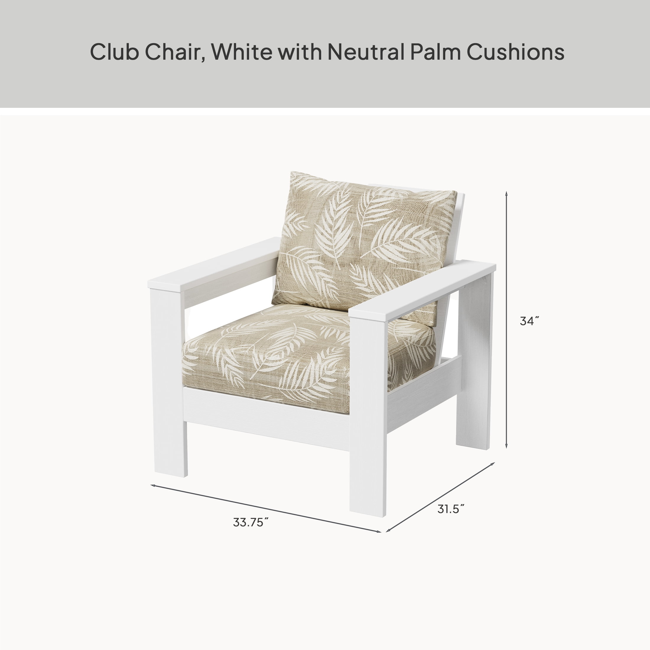 Better Homes & Gardens Ezra Outdoor HDPE Club Chair, White with Neutral Palm Cushions