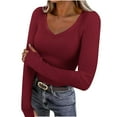 thumbnail image 2 of Otntypg Deep V Neck Long Sleeve Shirts for Women Ribbed Knit Going Out Tops Trendy Slim Fitted Casual Solid Color Basic Tee Shirt with Thumb Holes Wine XL, 2 of 10