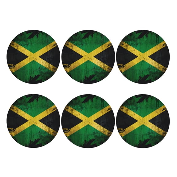 Set of 6 Jamaica Flag Jamaican Drink Coasters for Coffee Table Leather Coaster for Decor Housewarming Round Shape