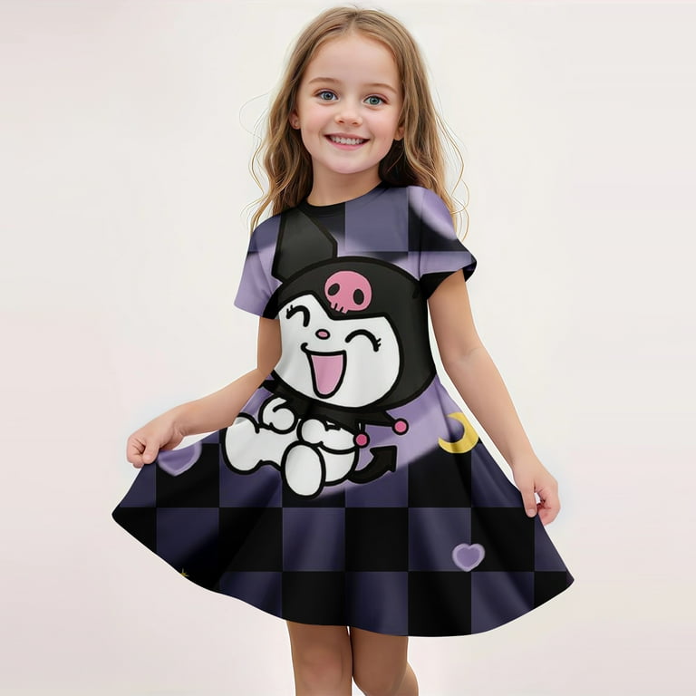 Kuromi Summer Girls Skirt Short Sleeved Dress 3d Printed Cartoon Cute Children s Fashion Mnso Breathable Clothing Party Trend