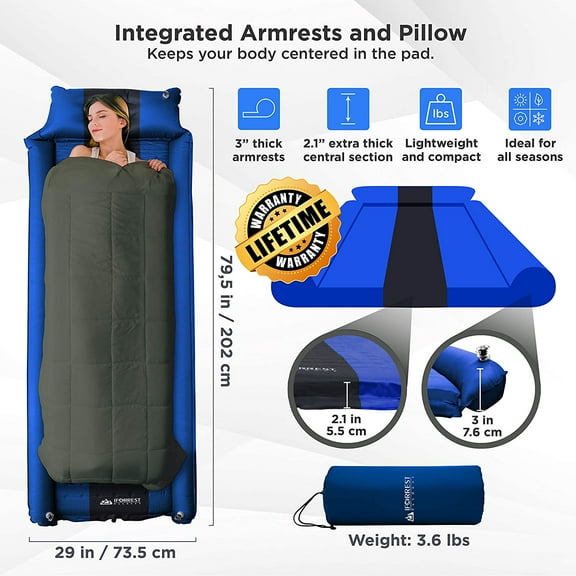Camping Pad with Armrest & Pillow - Self-Inflating Air Mattress, Rollover Protection, Ultra-Comfortable Mat, Lightweight for Tent, Cot, Backpacking(L/XL)