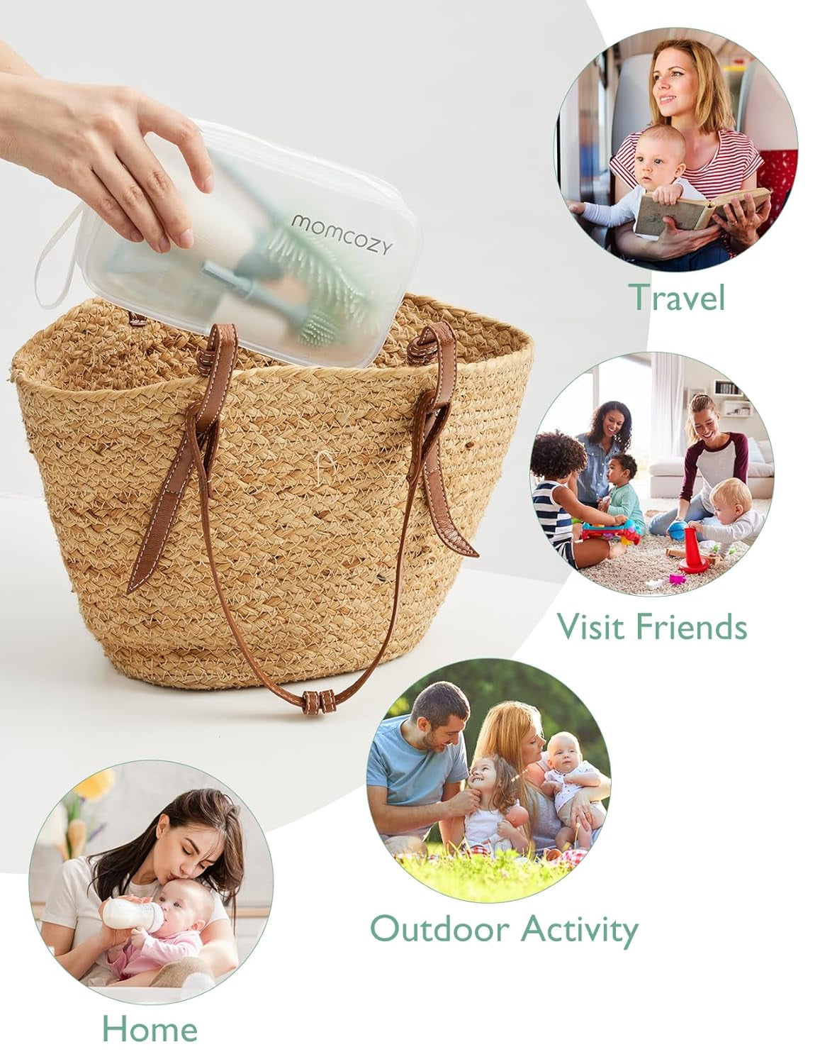 Momcozy Portable Bottle Warmer & Bottle Brush Kit Set, Dual Heating Milk Warmer, Self-Foaming Baby Bottle Cleaner, Travel Feeding & Cleaning Essentials
