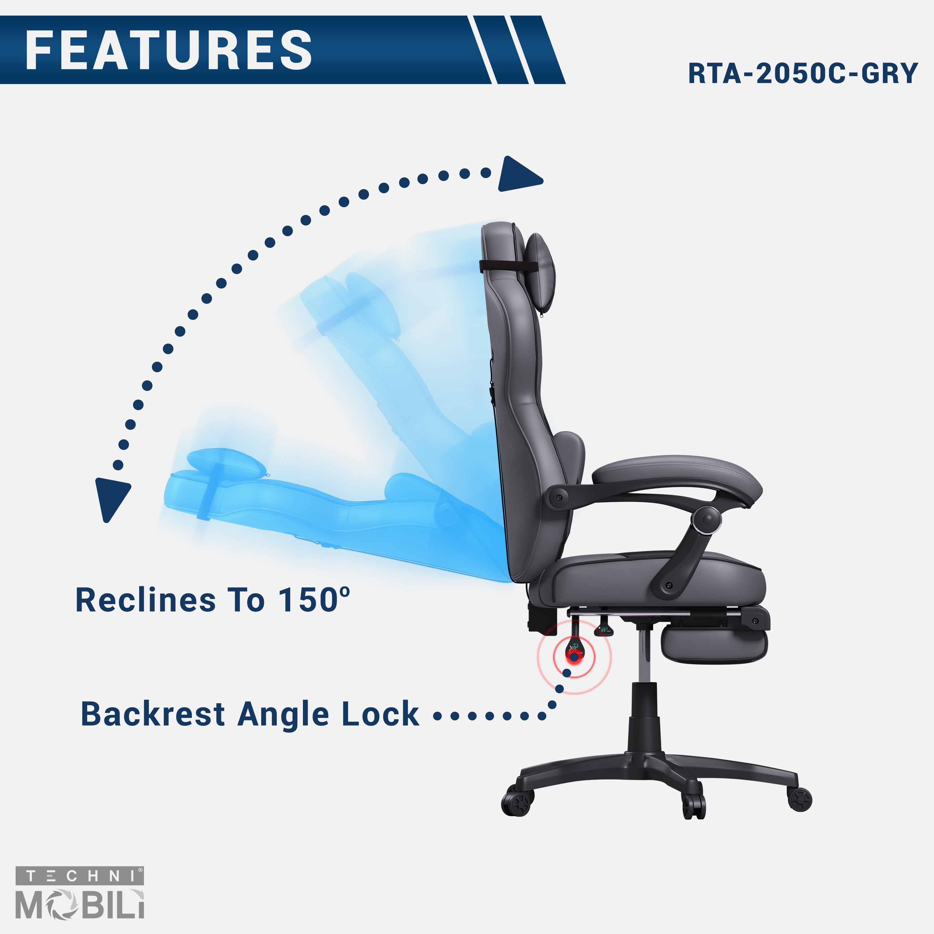 Techni Mobili Gaming Racing Style Fully Reclining Executive Office Chair with Footrest, Gray RTA-2050C-GRY