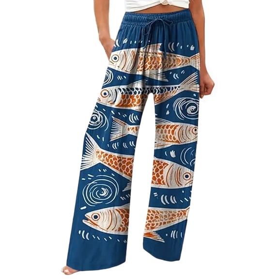 Arlun Women Linen Wide Leg Casual Pants Trendy Graphic Printed Lightweight Drawstring Elastic Waisted Holiday Flowy Pants Soft Comfortable Beach Palazzo Pants Orange XL