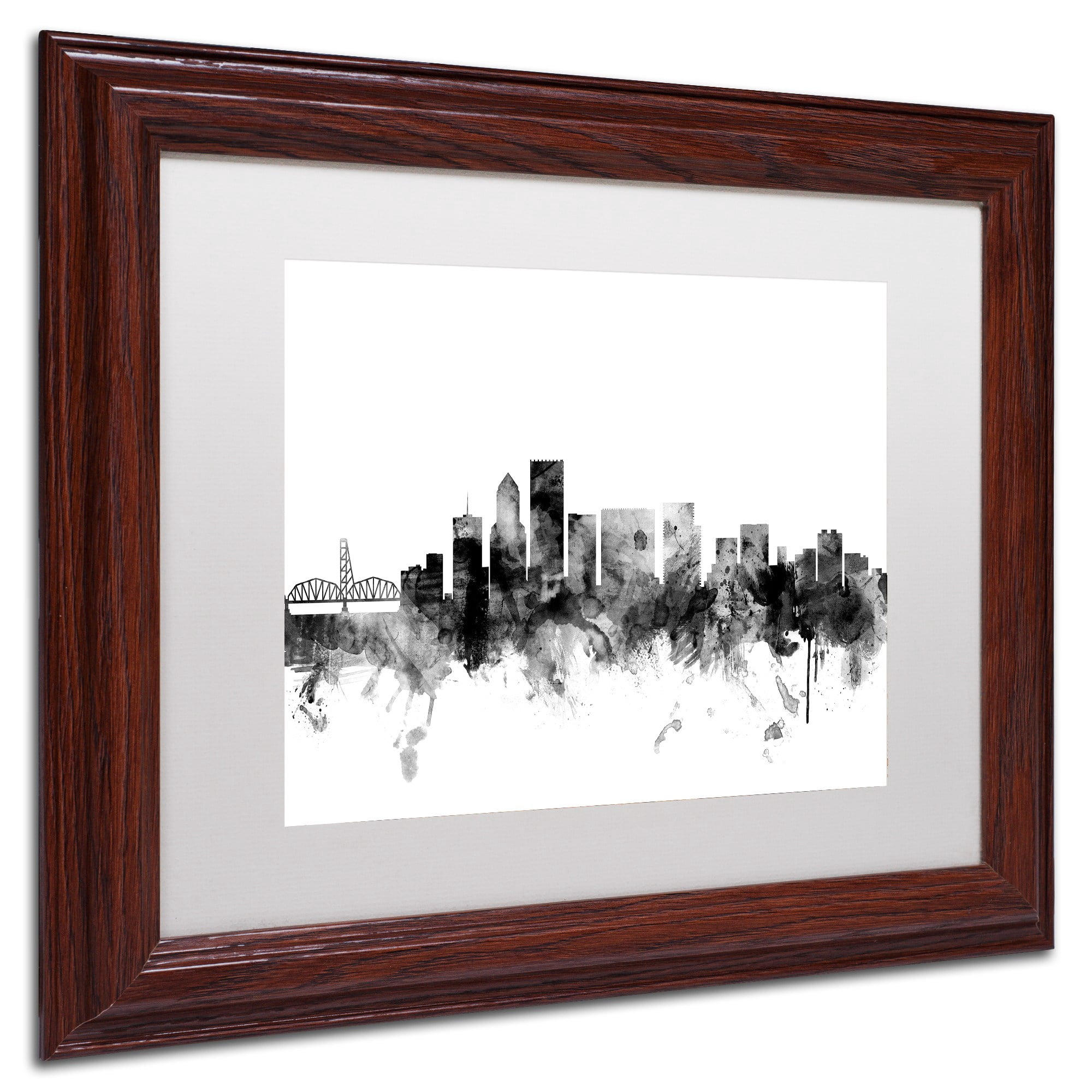 Trademark Fine Art "Portland Oregon Skyline B&W" Canvas Art by Michael Tompsett, White Matte, Wood Frame