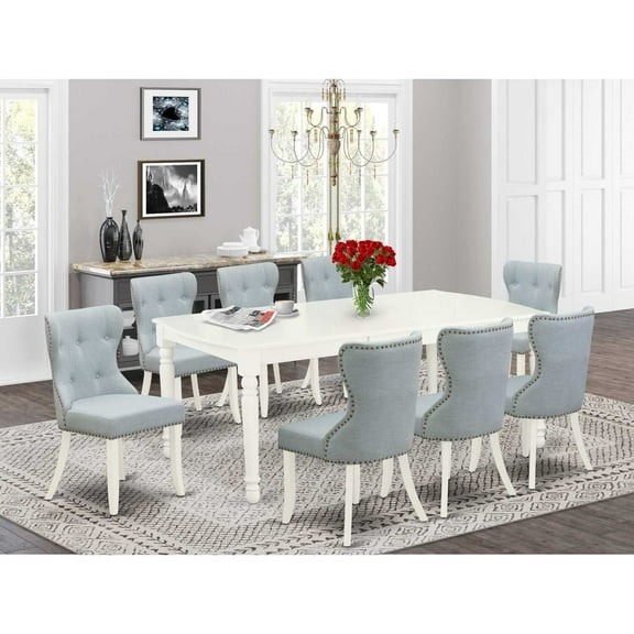 East West Furniture East-West Furniture DOSI9-LWH-15 - A dining set of 8 amazing dining chairs with Linen Fabric Baby Blue color and a beautiful wood kitchen table with Linen White color