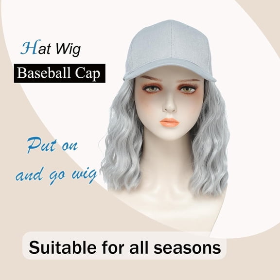 SHILIU-Synthetic Wig Hat with Natural Wave Hair Extensions Attached for Woman Baseball Cap Wig Short Grey Curly Wavy Hairstyle Adjustable Daily Outdoor Use (Grey, 14inch)