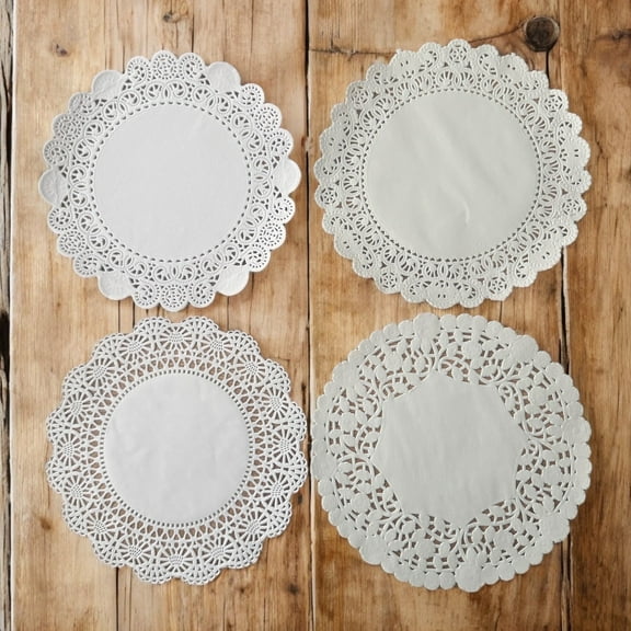 The Baker Celebrations 100 Count 8" White Paper Lace Doilies, Round, 4 Patterns, Disposable Placemats for Serving, Crafts, Weddings, Parties
