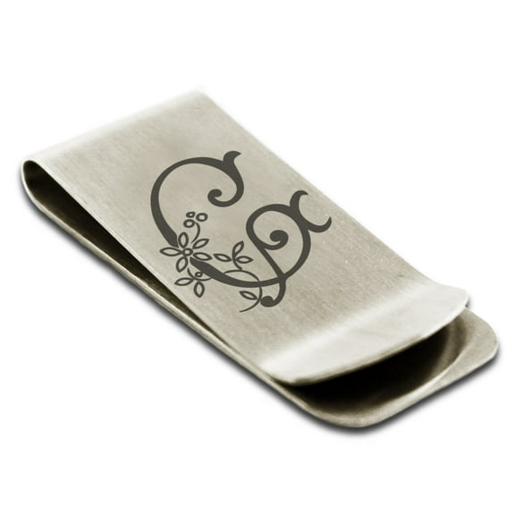 Tioneer Stainless Steel Letter G Initial Floral Monogram Engraved Engraved Money Clip Credit Card Holder