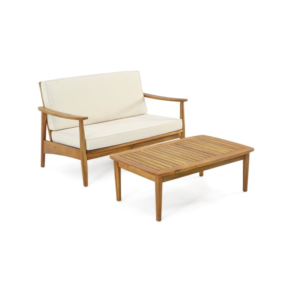 Roxy 2pc Outdoor Loveseat and Coffee Table Set, Acacia Wood, Cream