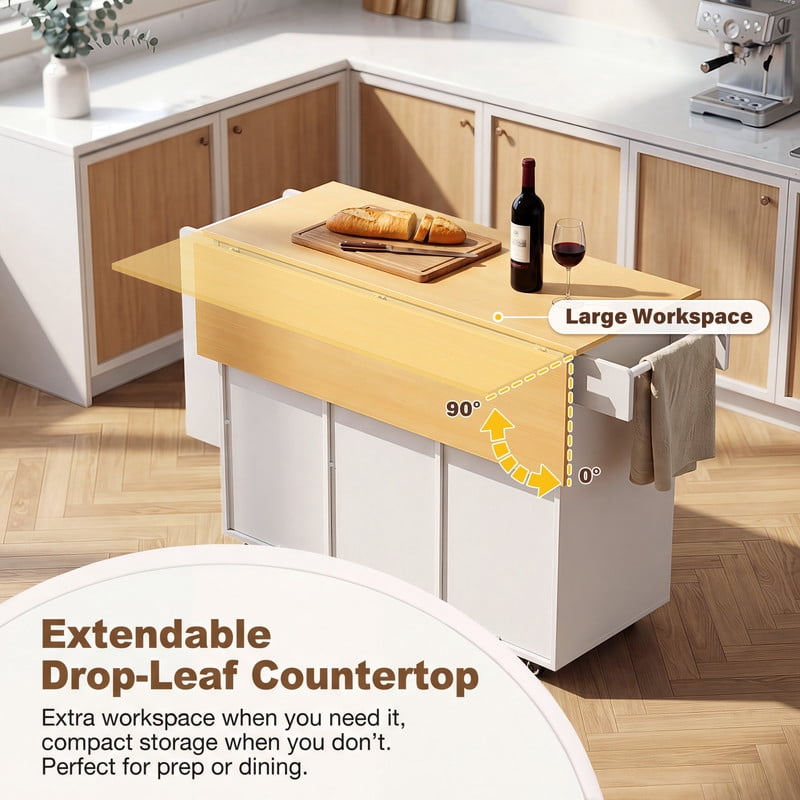 Vineego Rolling Kitchen Island with Storage, Mobile Kitchen Cart on Wheels with Drop Leaf Countertop, Drawers, Barn Doors & Side Shelves, White with Natural Wood Top