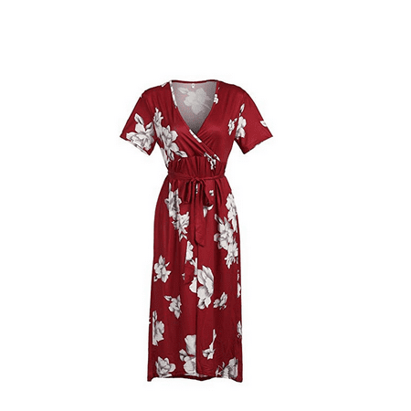 V-neck Tie Waist Dress - Women V Neck Floral Print Short Sleeve Maternity Dress High Waist Tie up Long Maxi Boho Summer Pregnant Dres