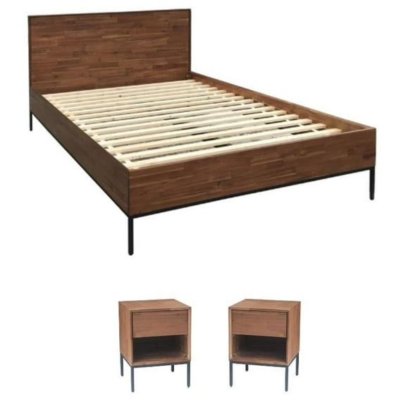 Home Square 3-Piece Set with Queen Bed Set and 2 Night Stands in Brown