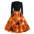 thumbnail image 4 of Women's Halloween Dress Pumpkin Printed V-Neck Cute Tea Length Dress Candy 1950s Long Sleeve Horror Dresses with Belt L, 4 of 7