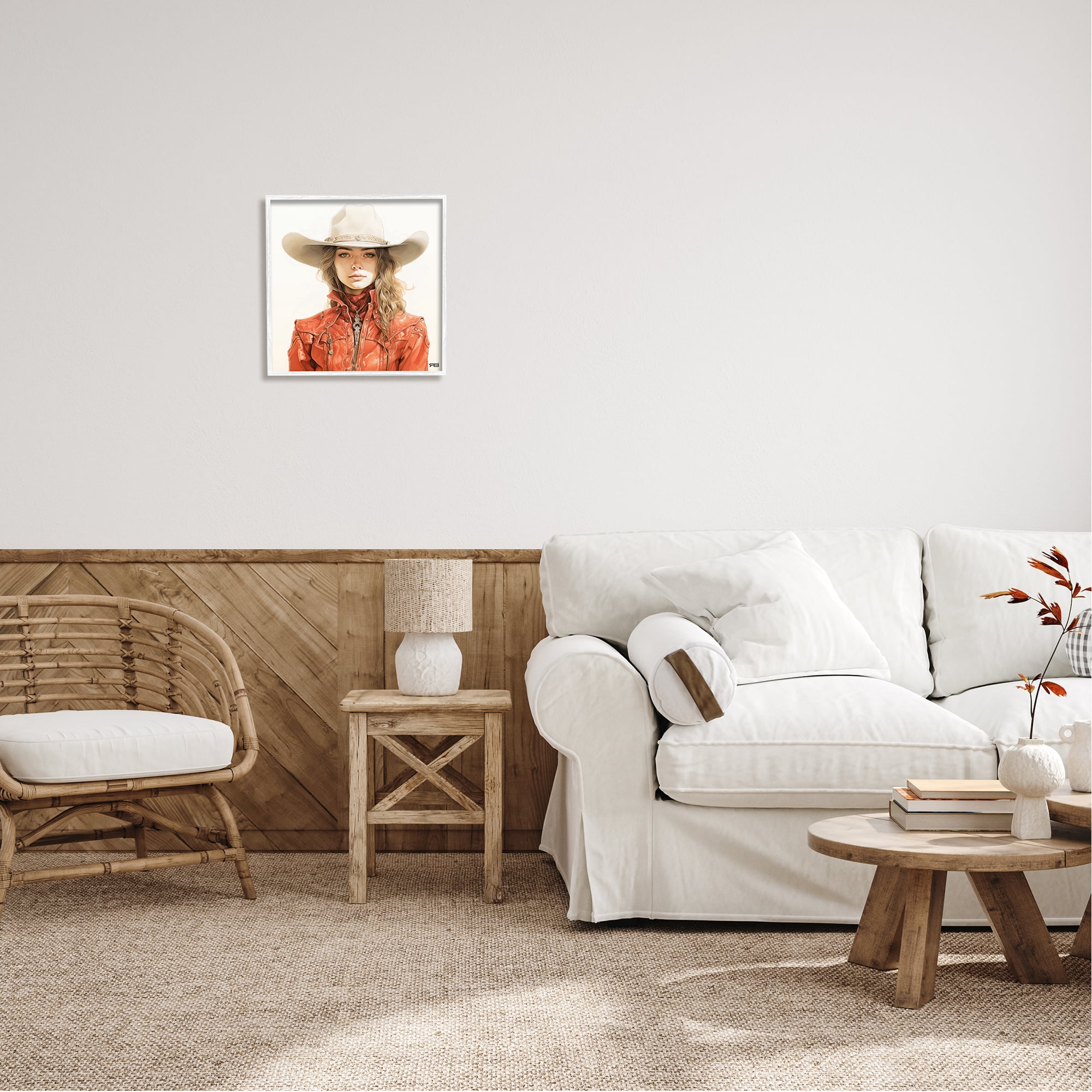 Stupell Industries Western Cowgirl Portrait Abstract Painting White Framed Art Print Wall Art, 17 x 17