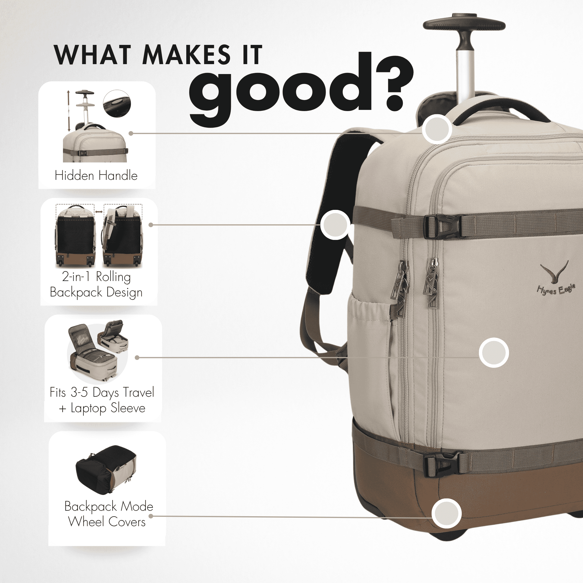 Convertible Wheeled Laptop Carry-On Bag (42L) – Hynes Eagle – Beige