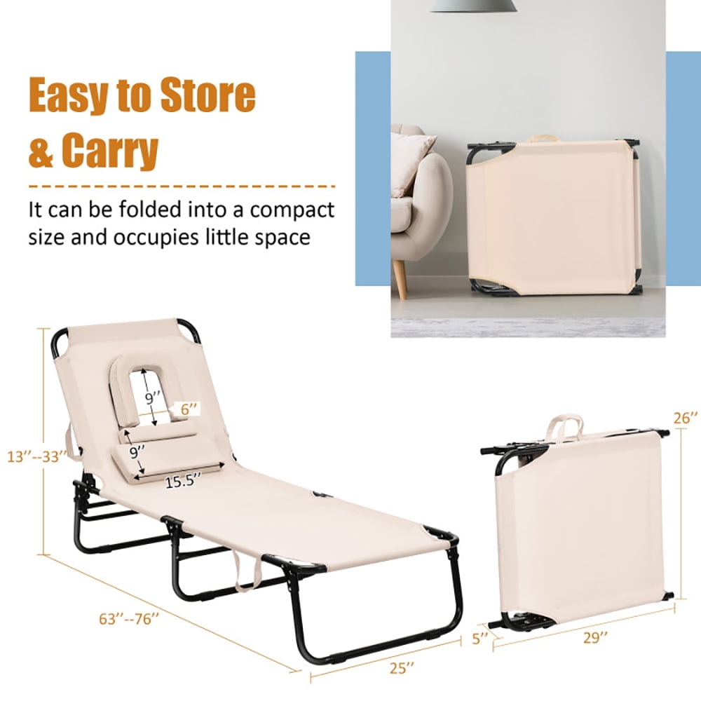 Aimee Lii Outdoor Folding Chaise Beach Pool Patio Lounge Chair Bed with Adjustable Back and Hole, Patio Loungers, Beige