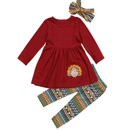 Baby Girls Thanksgiving Day Outfits Long Sleeve Turkey Dress Top With Floral Legging pant and Headband 2-3 Year