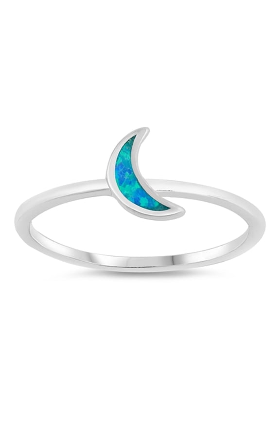 Blue Simulated Opal Crescent Moon Ring Sterling Siver Size 5