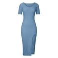thumbnail image 4 of Womens Short Sleeve Midi Bodycon Dress V Neck Knit Ribbed Summer Split Pencil Dress Plain Elegant Party Dress, 4 of 7