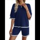 thumbnail image 3 of Conjuntos de Dos Piezas para Mujer, para Estar en Casa, con Jersey de Corta y Pantalones Anchos, para Viajar en Verano Azul Marino XL, 3 of 10