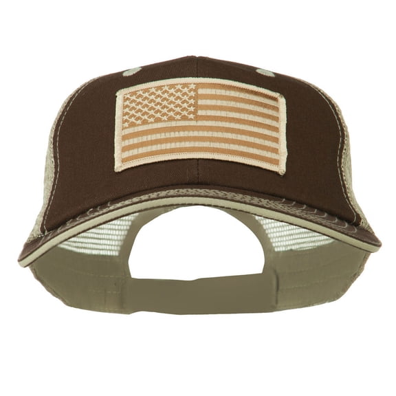 Desert American Flag Patched Big Size Washed Mesh Cap - Brown Beige XL-3XL