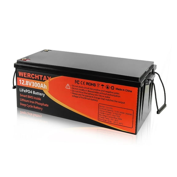 WERCHTAY 12V 300Ah LiFePO4 Battery, Lithium Batteries for RV,Solar,Van,Trolling Motors,Marine,Camping,Home Energy Storage,off-Grid,Built in 200A BMS,15000  Deep Cycles