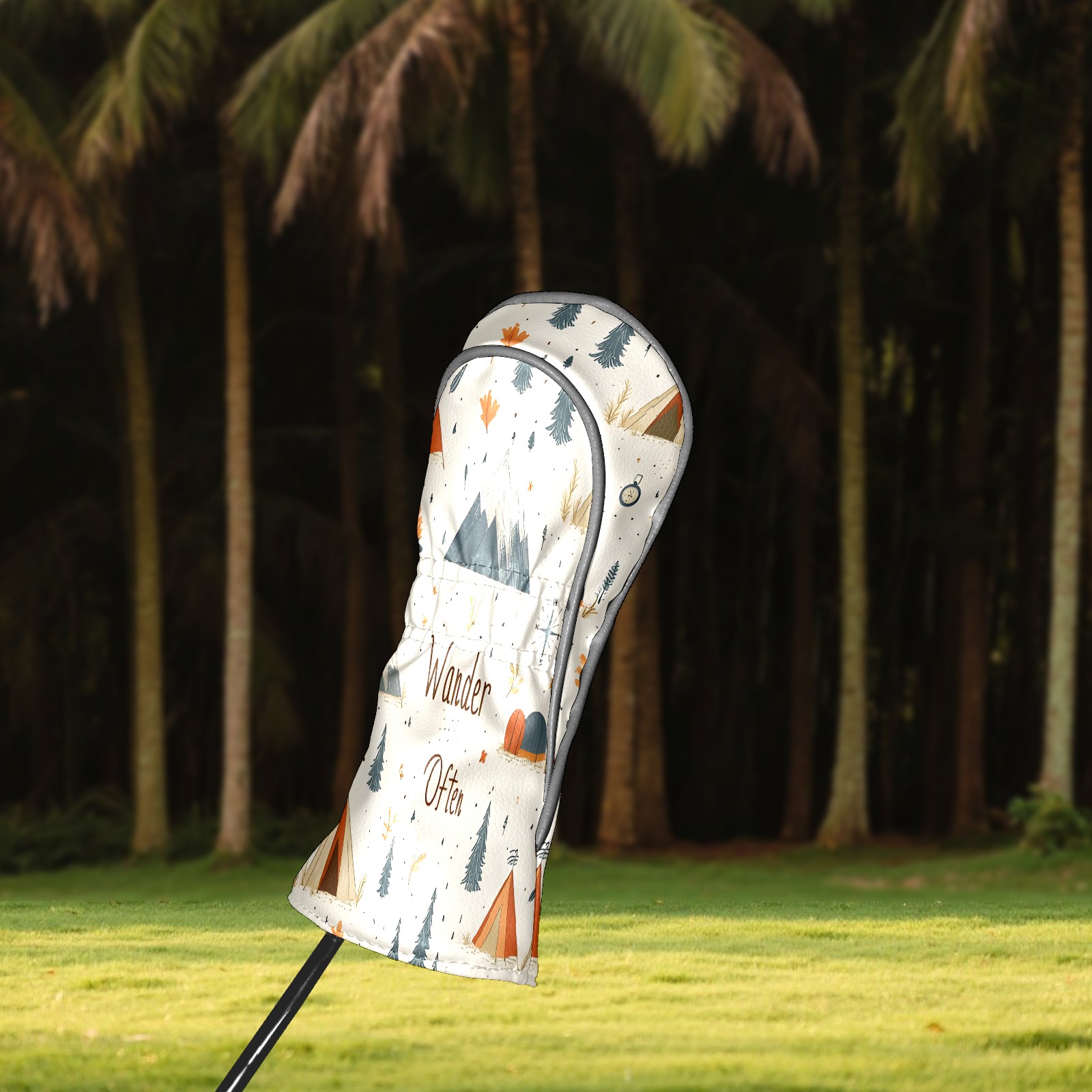 Golf Club Covers, Beige Camping Wander Premium PU Leather Driver Hybrid Putter Head Covers with Velvet Lining, Waterproof Golf Gifts for Men Women