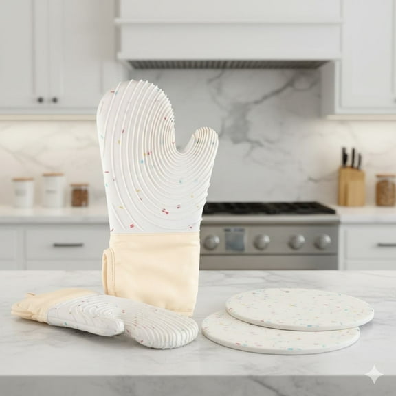 HEETLY 13.5-Inch Extra Long Waterproof Silicone Oven Mitts and Pot Holders, 3-Piece Set, 500°F Heat Resistant, Milky White
