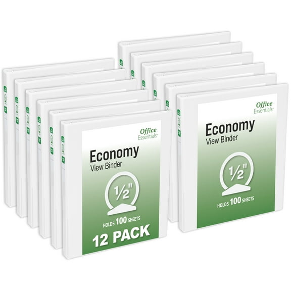 Office Essentials Economy View 3 Ring Binders, 0.5" Round Rings, 0.7" Spine, 100-Sheet Capacity, White Binders (12-Pack of 03422)