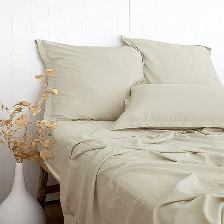 

Linen-Textured 55% Bamboo 45% Cotton Sheets Set Natural Linen Color King Size Soft Cooling Sheets For Hot Sleepers Breathable Durable Organic Bed Sheets 16 Deep Pocket - 4 Piece