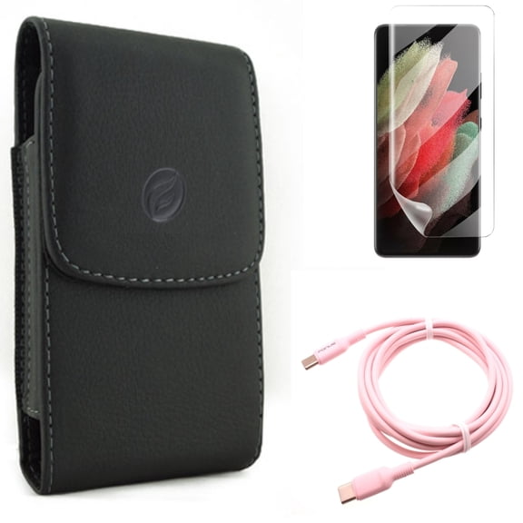Matte Screen Protector & Case Belt Clip & Pink 10ft Long Cable for Samsung Galaxy S21 Ultra Phone - TPU Film Anti-Glare & Leather Holster & USB-C to Type-C PD Fast Charger Accessory Bundle