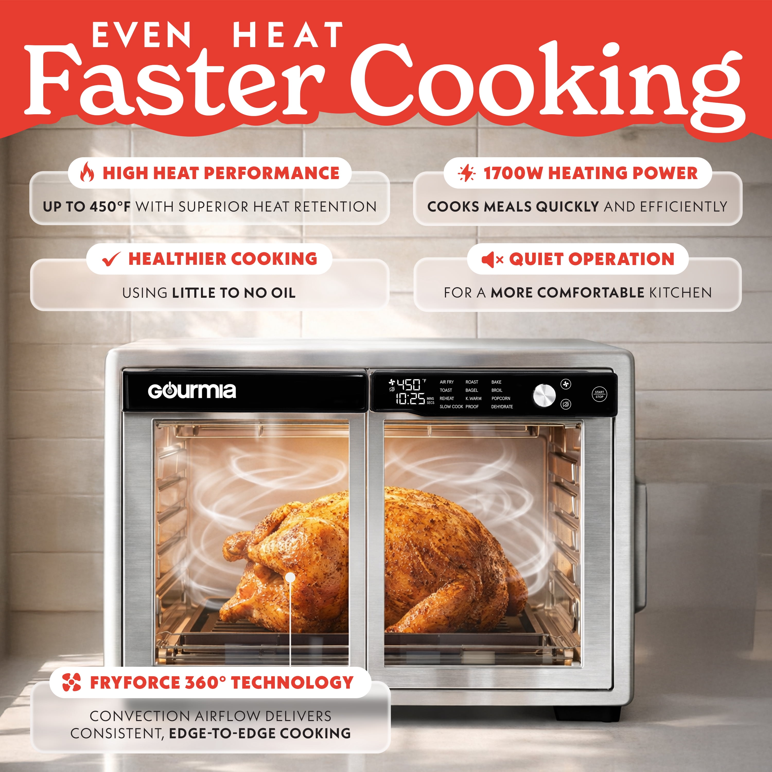 Gourmia Air Fryer French Door Toaster Oven - 9 Slice Capacity, 12 Presets, Stainless Steel