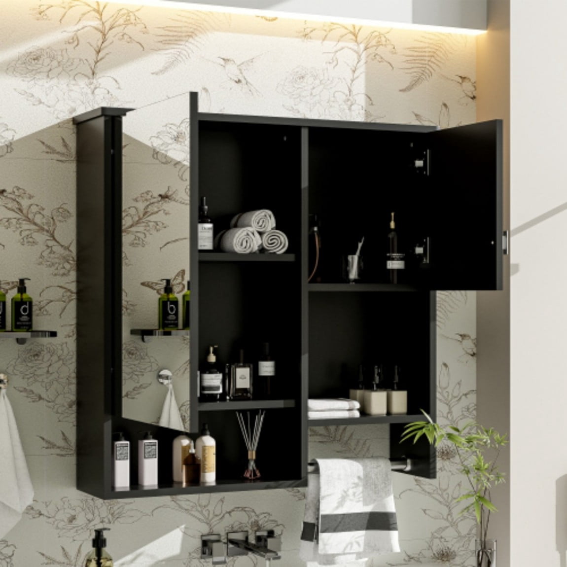 29"x 28" Modern Wall Mounted Bathroom Medicine Cabinet with Mirror, Over The Toilet Storage Cabinet, Adjustable Shelf Bathroom Wall Cabinet with Towel Bar, Black